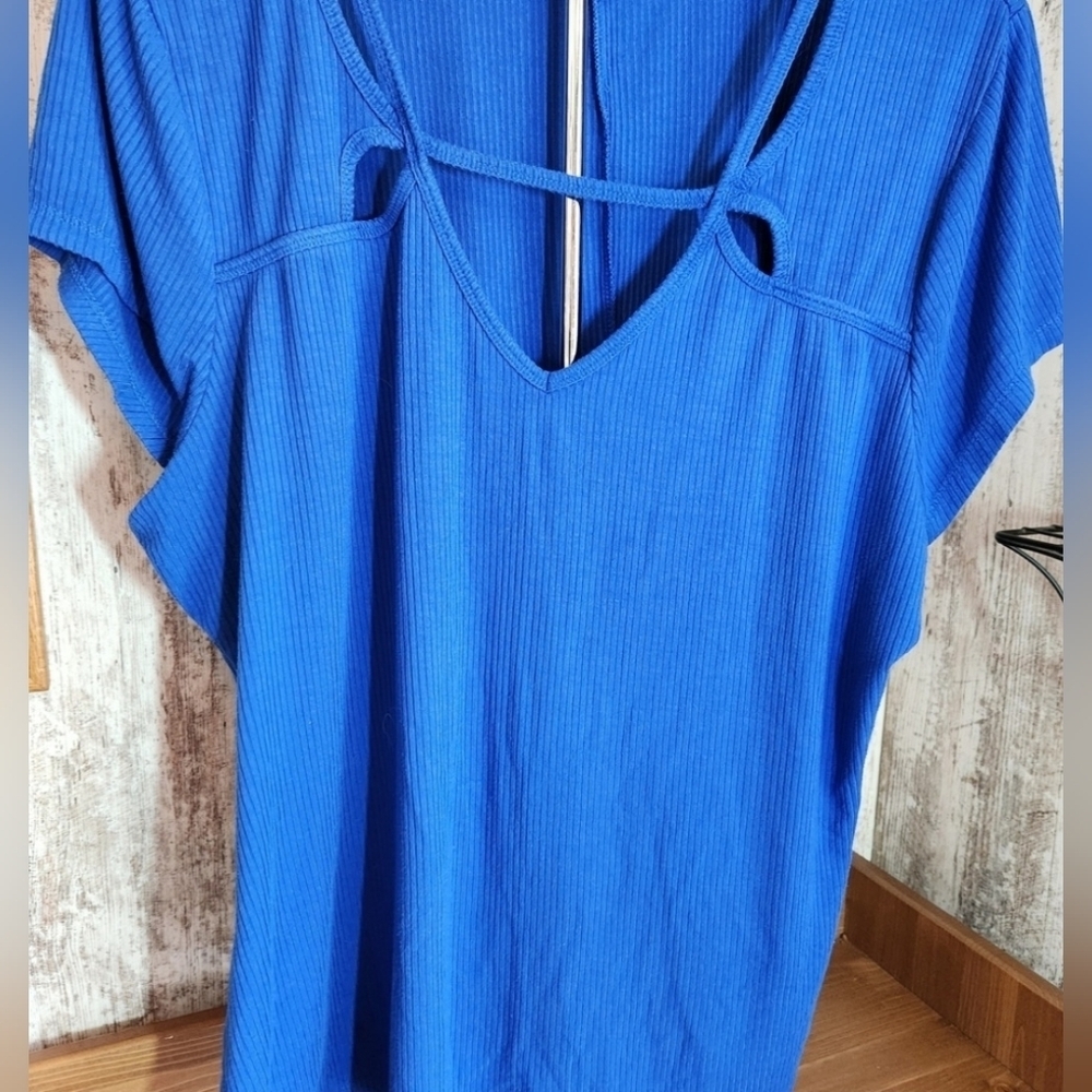 Prevent Child Abuse Blue Ribbed Top Candies 2X Short Sleeve Unique V-Neck